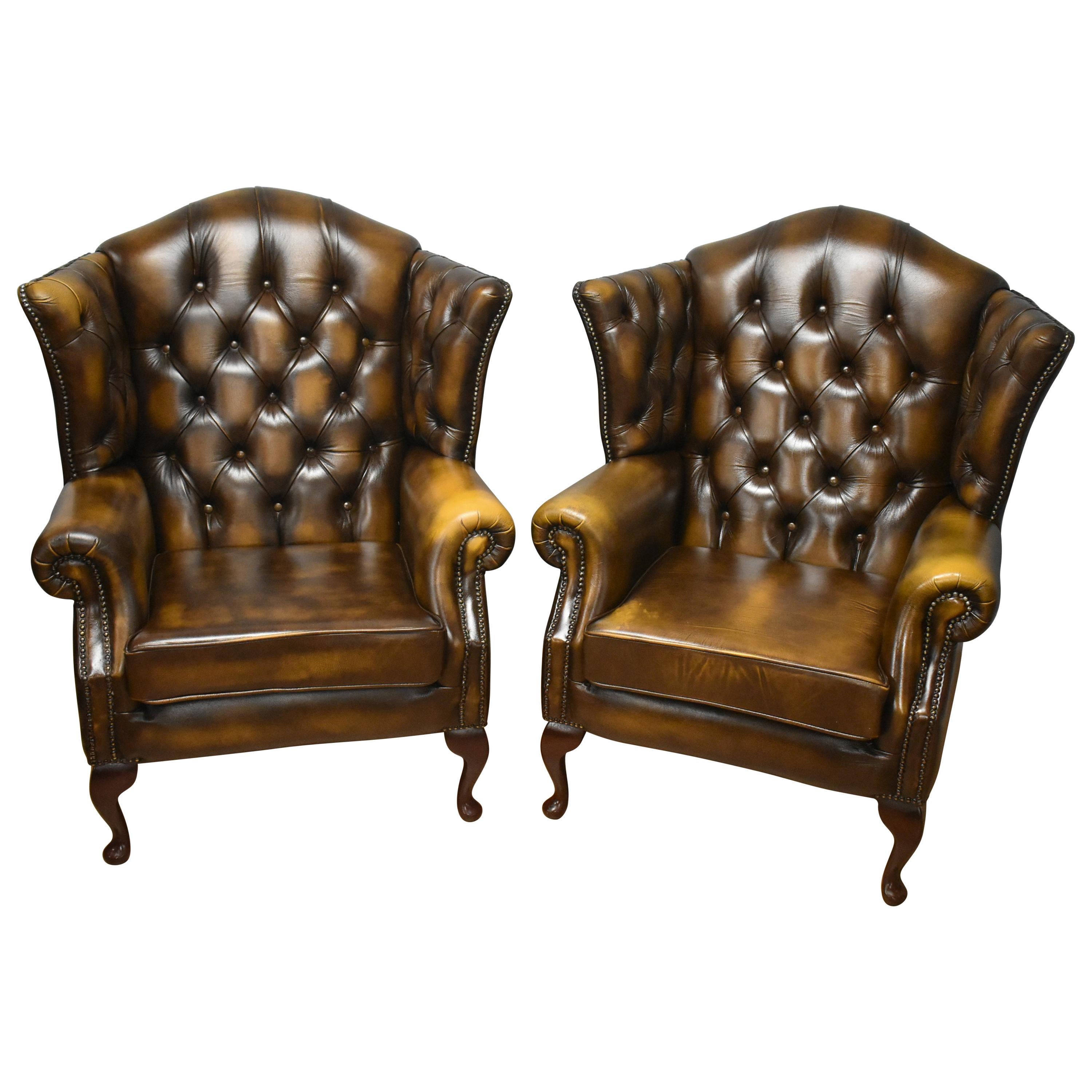 Late 20th Century Pair Leather of Button Back Wing  Armchairs