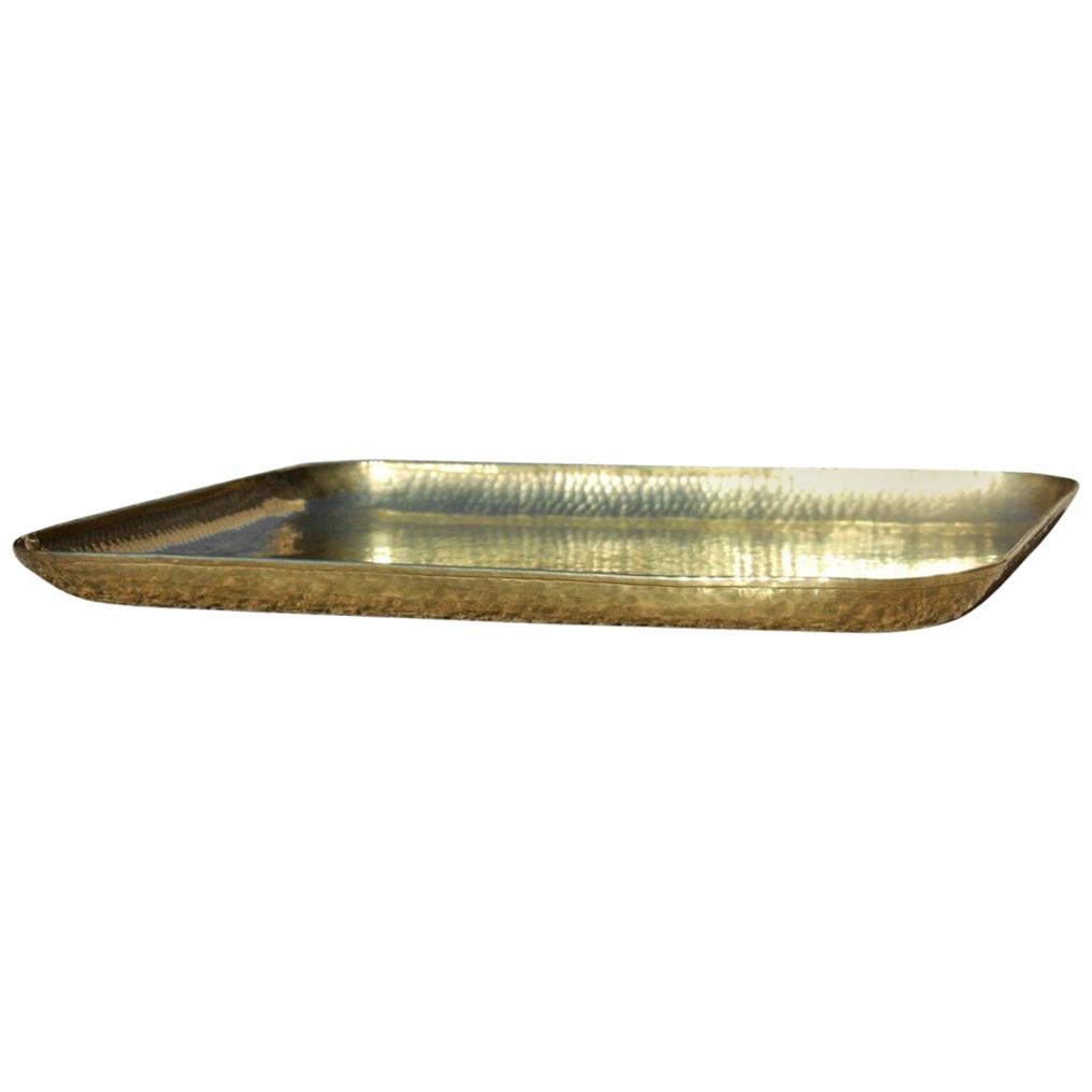 Hammered and Hand-Worked Rectangular Tray in Polished Brass 1970s Italian Design