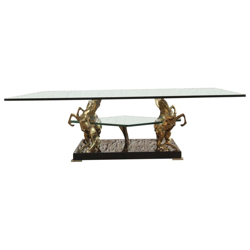 Low Square Glass Coffee Table and 24 Karat Golden Brass Horses Italian Design