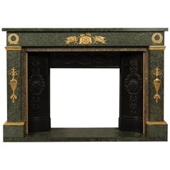 Antique Empire Style Gilt Bronze-Mounted Green Granite Fireplace, circa 1850