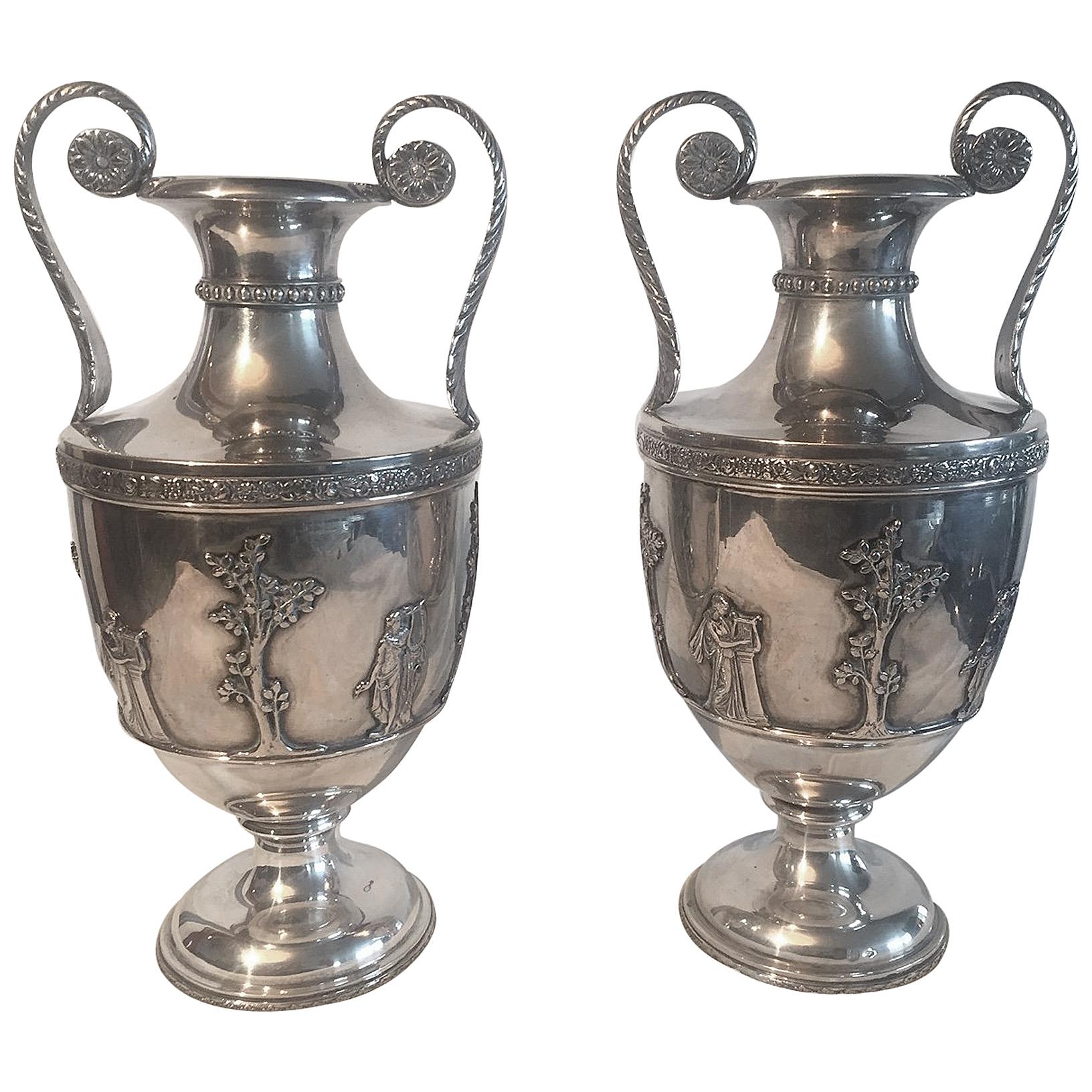 Pair of Mid 20th Century Italian Silver Vases hand casted neoclassical style For Sale