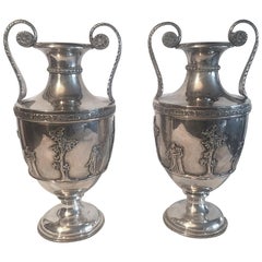 Pair of Mid 20th Century Italian Silver Vases hand casted neoclassical style