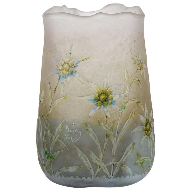 Art Nouveau Cameo Etched and Enamelled Glass 'Edelweiss Vase' by Daum Freres