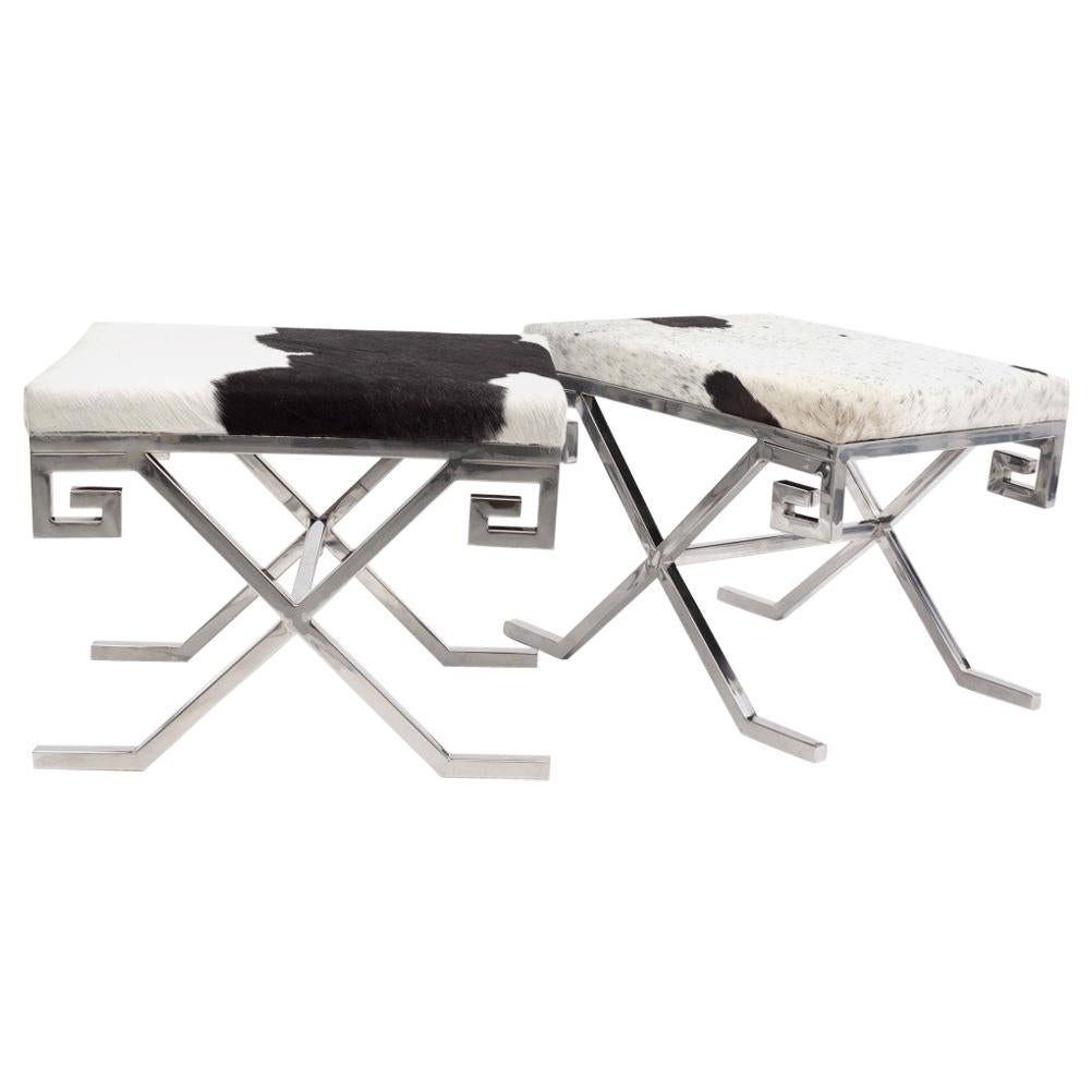 Vintage Pair of Greek Key Chrome Benches with Cowhide Upholstery