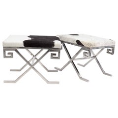 Vintage Pair of Greek Key Chrome Benches with Cowhide Upholstery