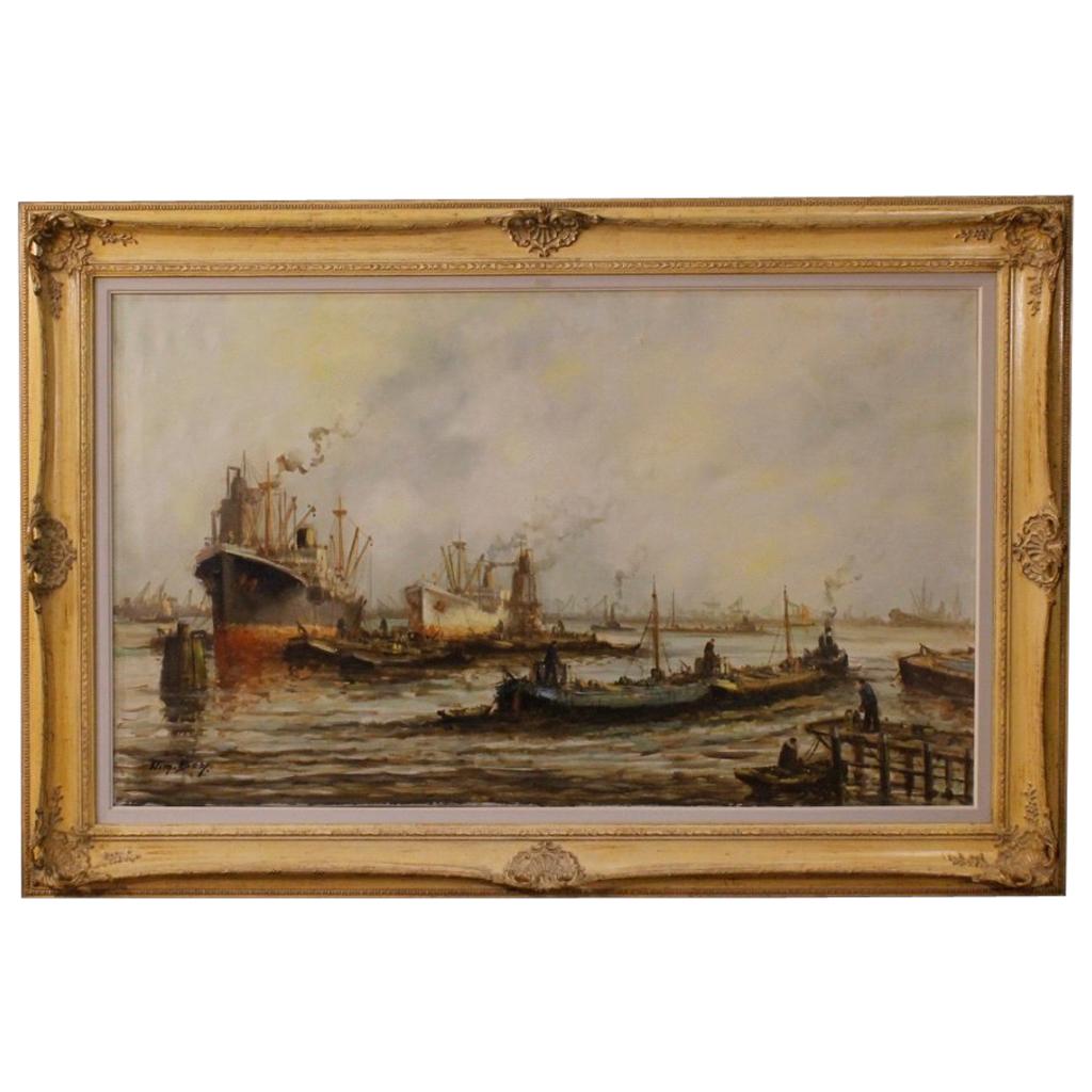 20th Century Oil on Canvas Dutch Seascape with Boats Signed Painting, 1960
