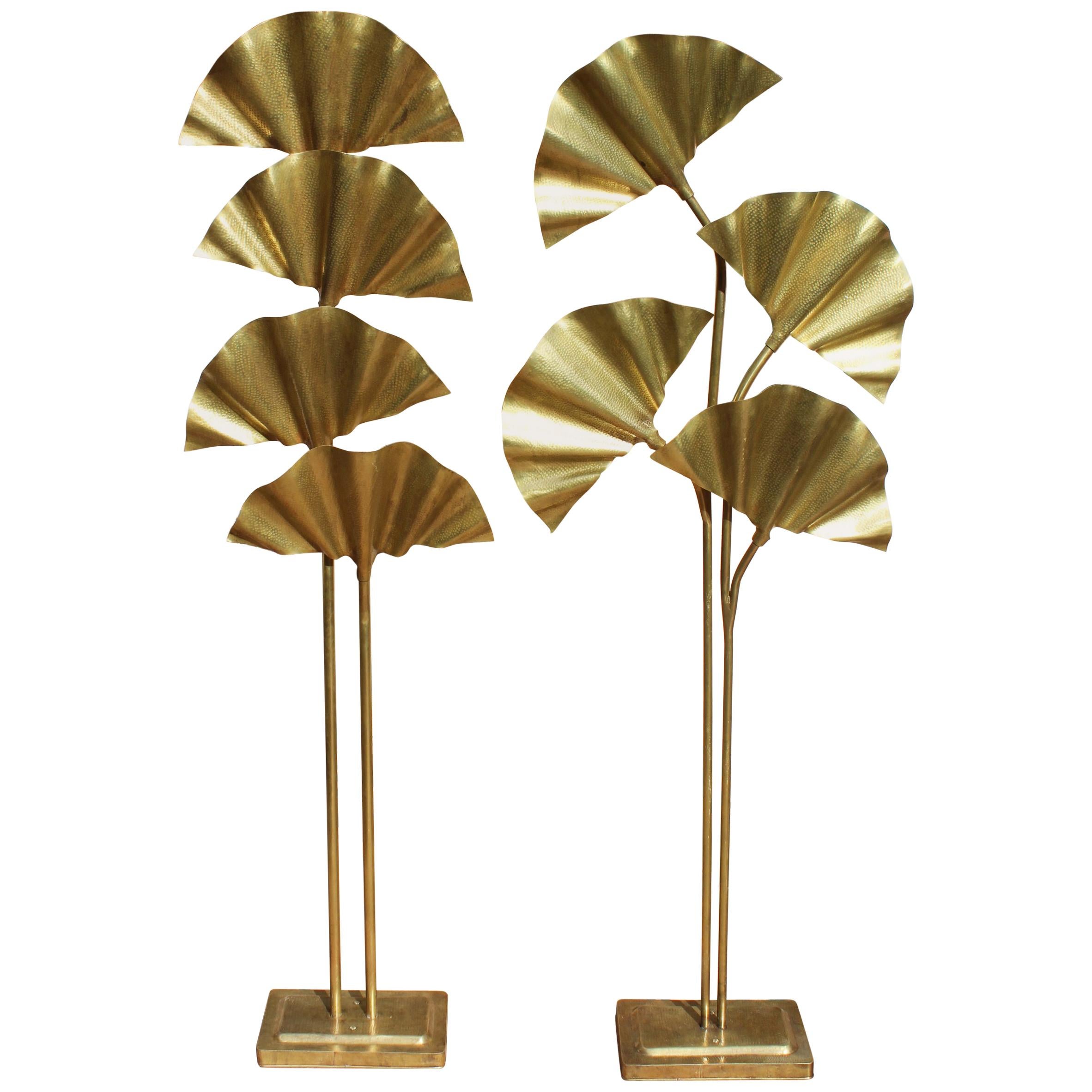 Modern Pair of Leaf Shaped Brass Standing Lamps