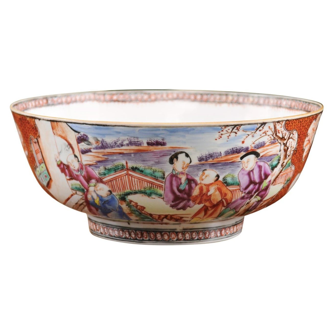 18th Century Chinese Export Porcelain Bowl with Mandarin Scene & Orange Ground