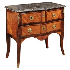 Petite Louis XV Period Commode in Tulipwood with Bronze Dore Mounts & Marble Top