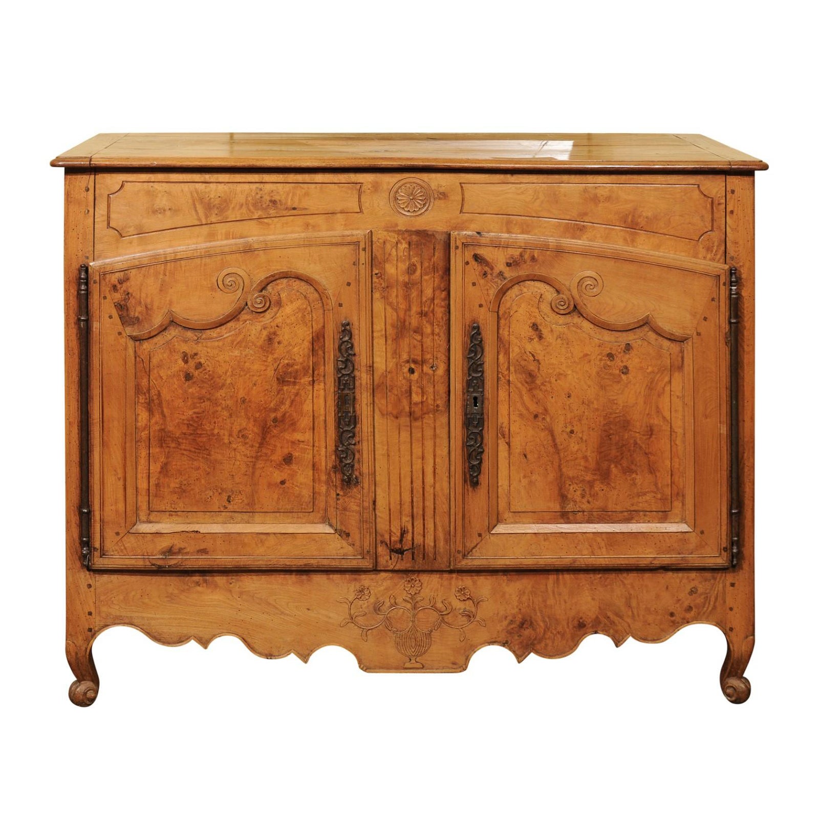 19th Century French Elm Buffet with Flower & Urn Carving