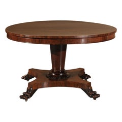 19th Century English Rosewood Center Table with Pedestal Base & Paw Feet