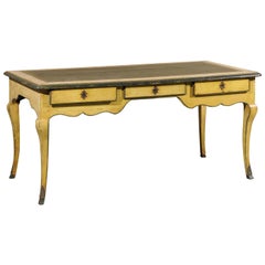 Antique Louis XV Style French Yellow Painted Bureau Plat with Green Leather Top