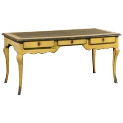 Louis XV Style French Yellow Painted Bureau Plat with Green Leather Top