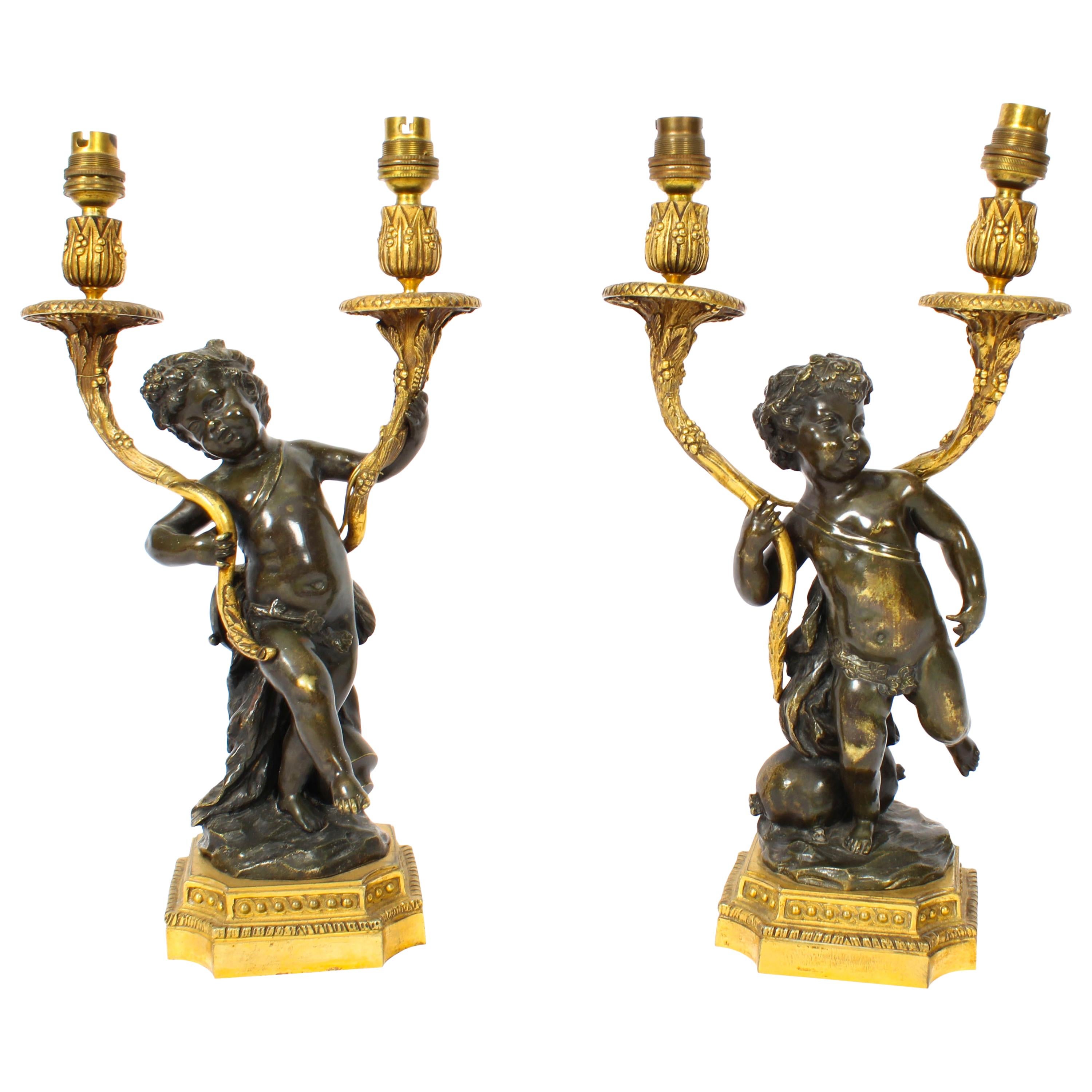 Pair of French Ormolu and Patinated Bronze Cherubs Table Lamps 19th Century