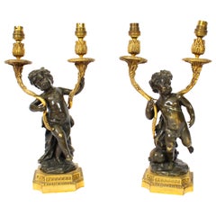 Antique Pair of French Ormolu and Patinated Bronze Cherubs Table Lamps 19th Century