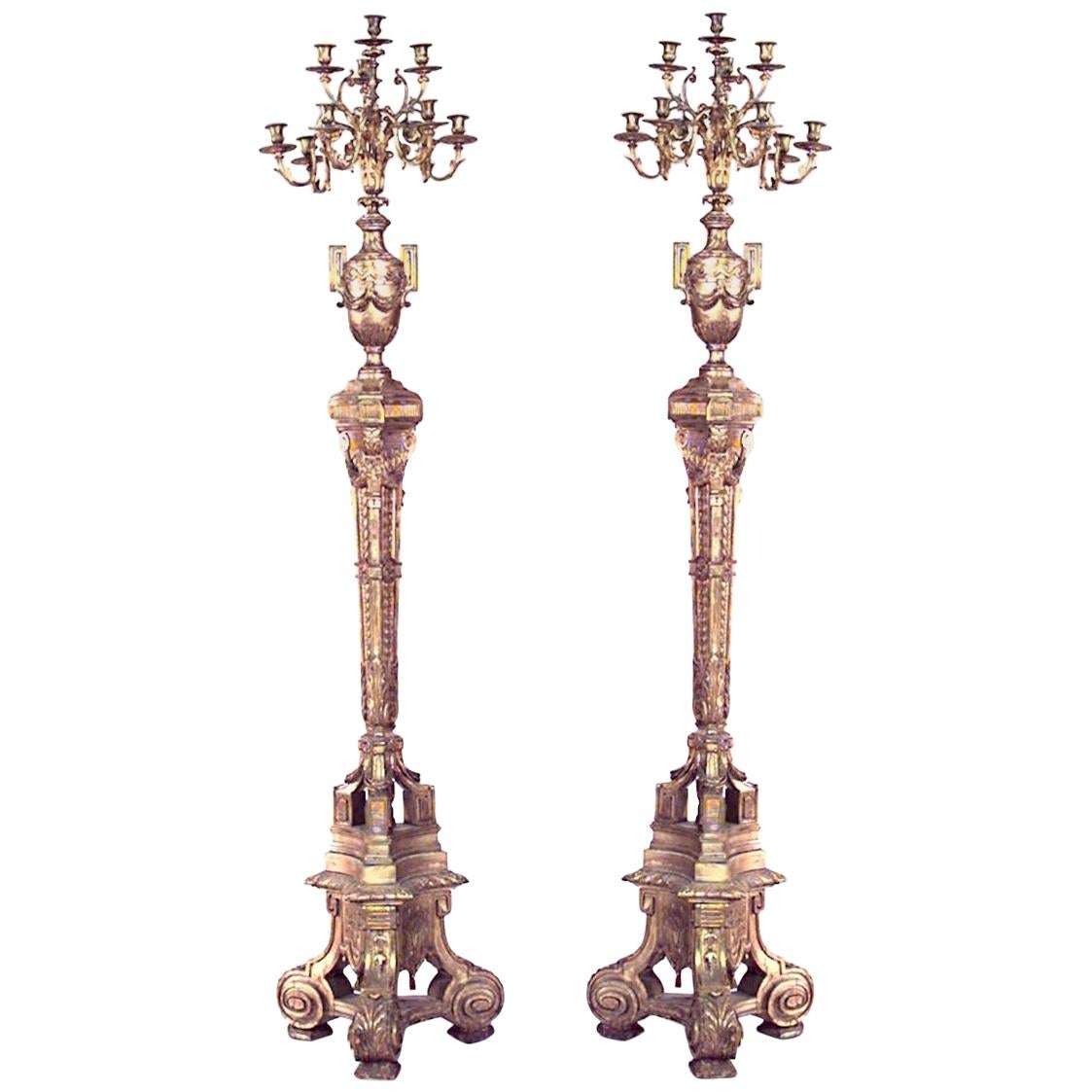 Pair of French Louis XVI Style Gilt Wood Floor Torchieres