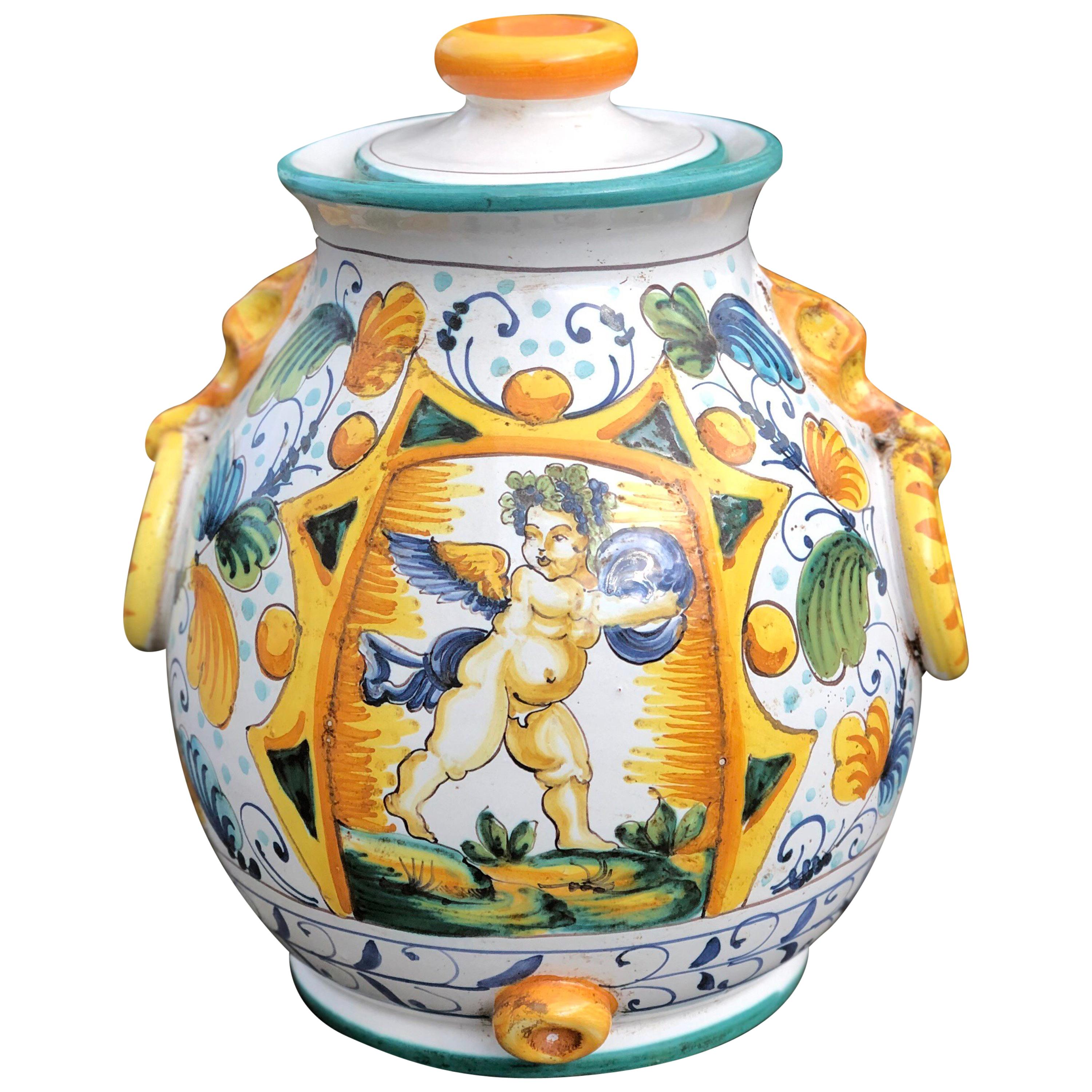 Majolica Cupid Angel Italian Hand Painted Small Jar or Vase SALE 