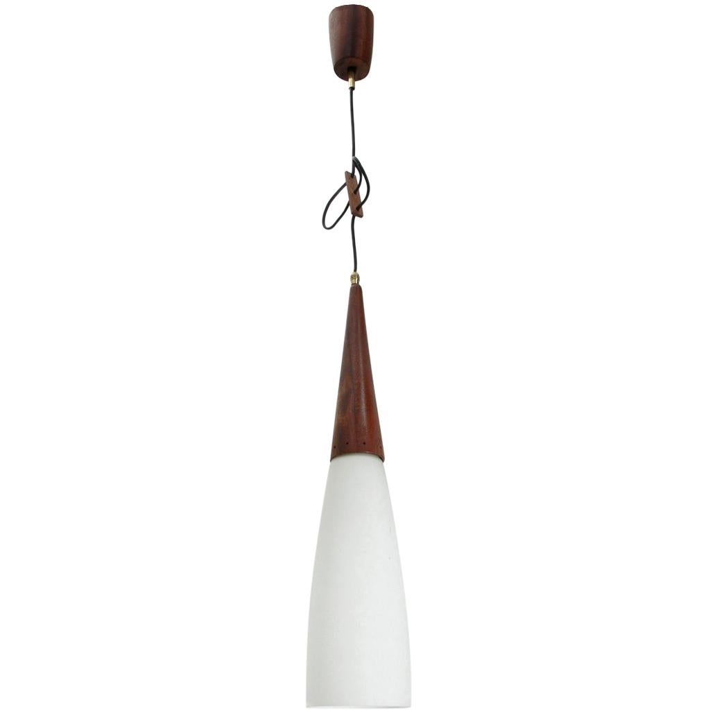 Midcentury Pendant Lamp in Teak and Opaline Glass, 1960s For Sale