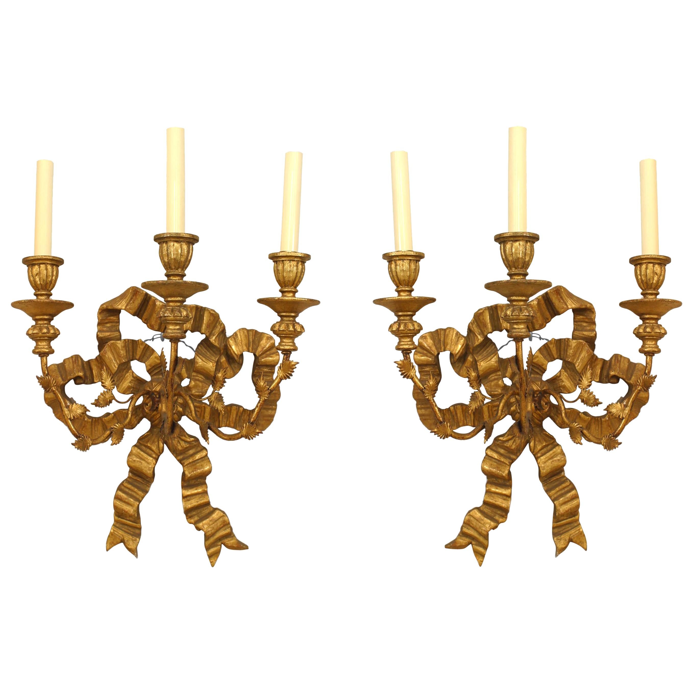 Pair of French Louis XV Style Giltwood Bow Knot Back Wall Sconces