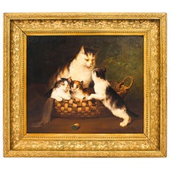 Antique French Oil on Canvas Painting of Kittens L. Cabaniez, 19th Century