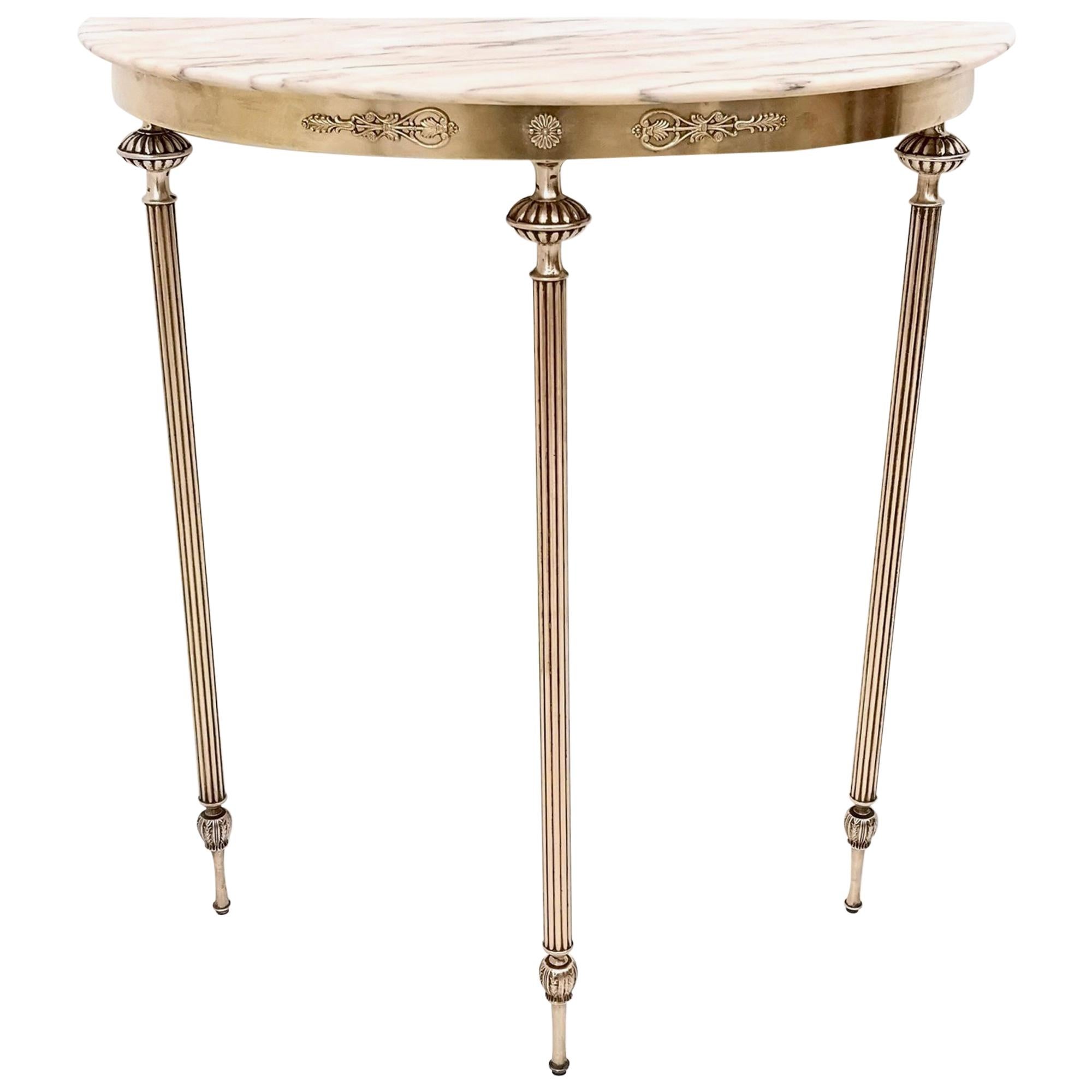 Brass Console Table with a Demilune Portuguese Pink Marble Top, Italy, 1950s