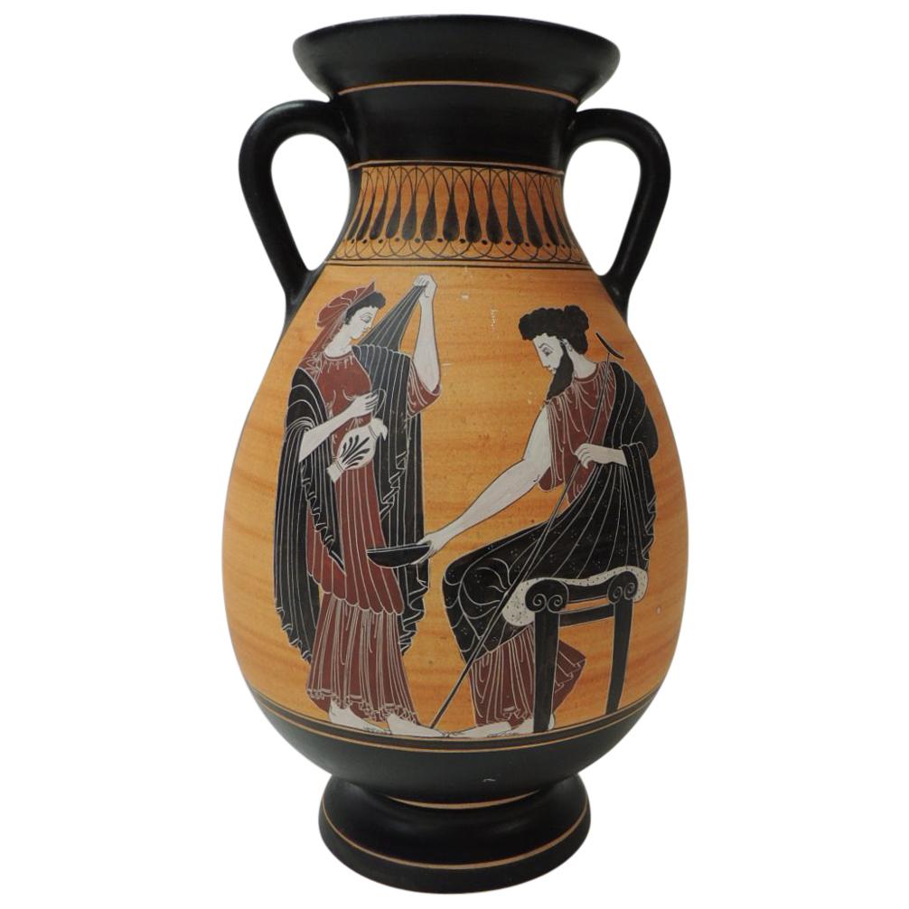 Vintage Encaustic Hand Painted Terracotta Greek Vase with Handle
