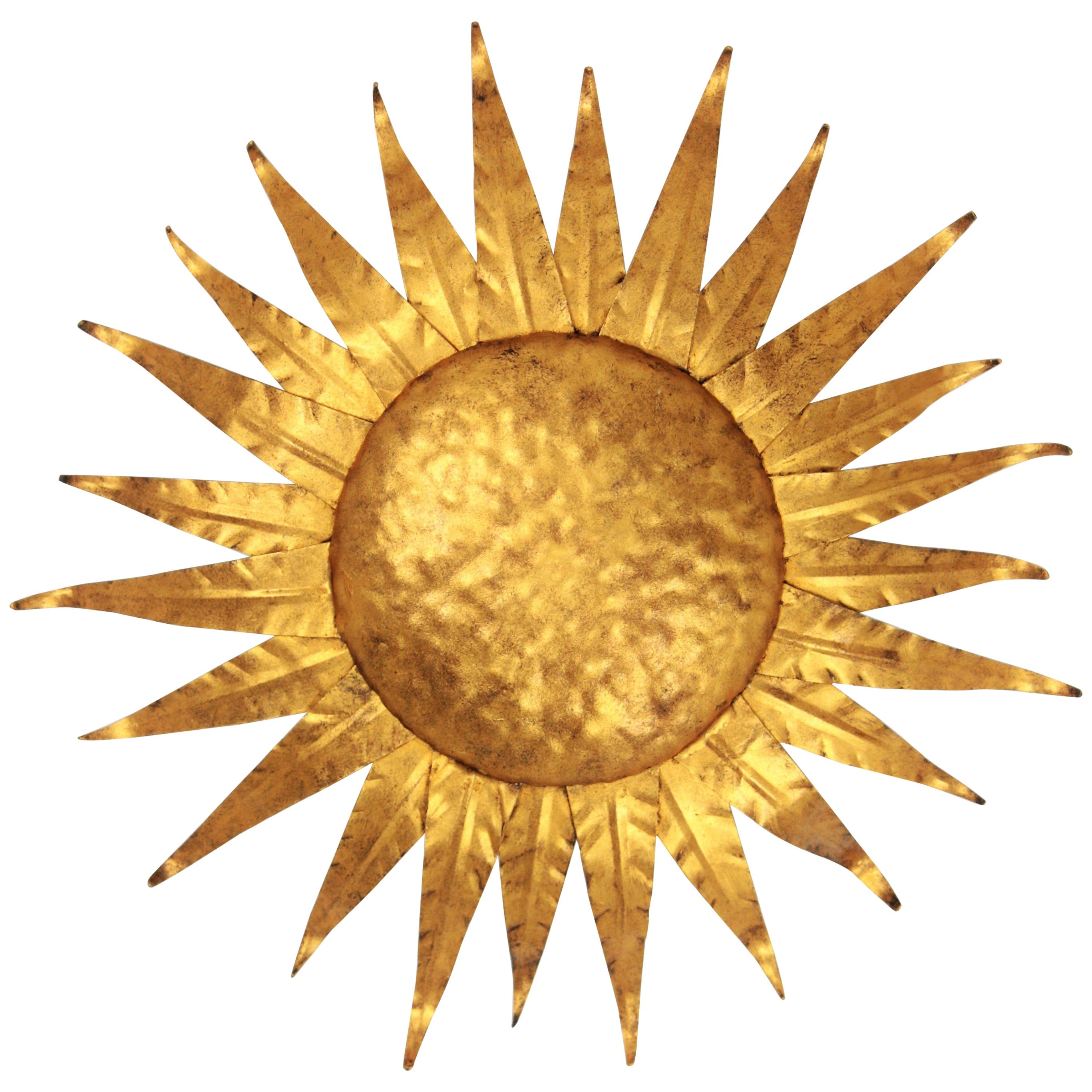 French 1950s Gilt Iron Sunburst Ceiling or Wall Light Fixture