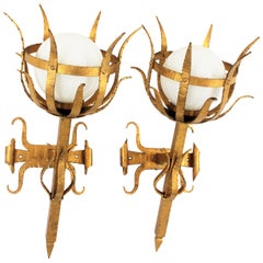 Pair of Large Gothic Style Gilt Iron & Opaline Glass Torch Wall Lights / Sconces
