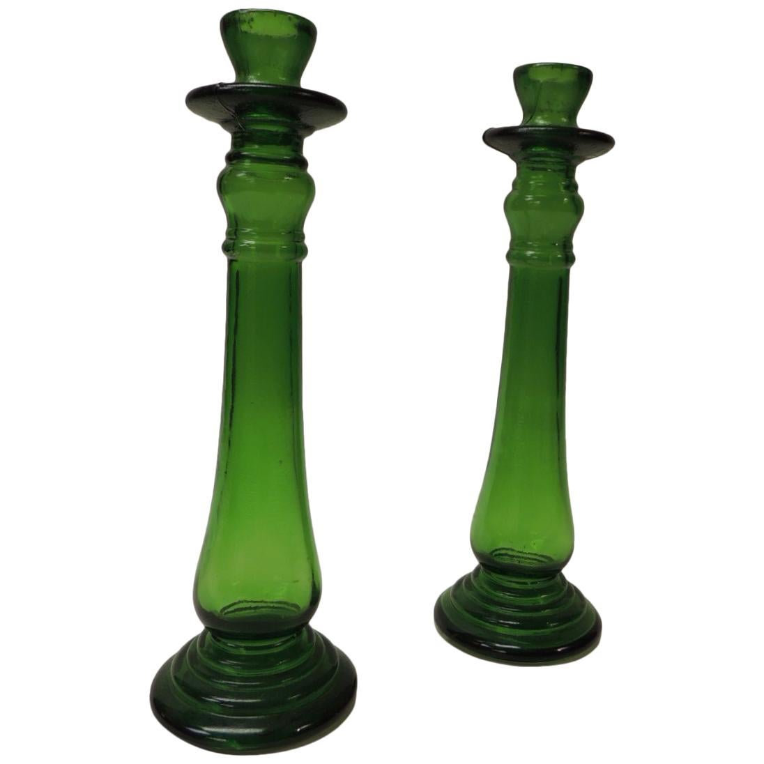 Pair of Bottle Emerald Green Handcrafted Italian Candleholders