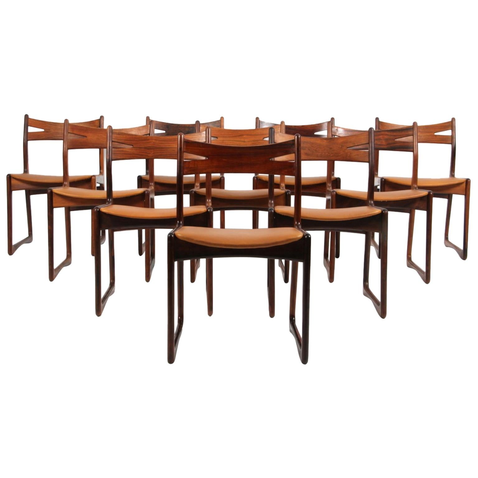 Danish Cabinetmaker, Set of Ten Rosewood Dining Chairs Silk Aniline Leather