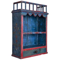 Antique Folk Art Original Blue Painted Hanging Wall Cabinet