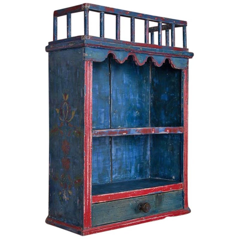 Antique Folk Art Original Blue Painted Hanging Wall Cabinet Im
