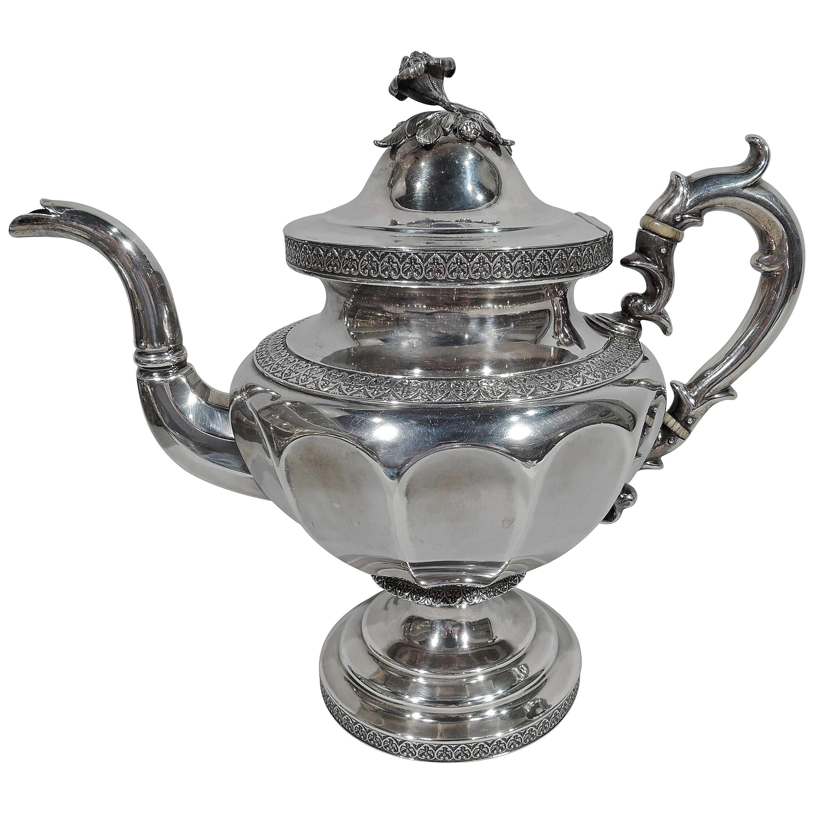 Large and Pretty Antique Coin Silver Teapot by New York Maker Forbes