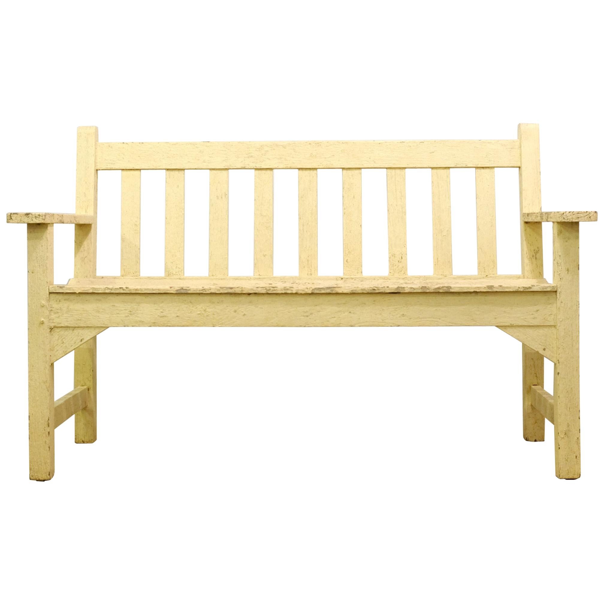 Teak Garden Bench with a Well Weathered Yellow Painted Finish, Mid-20th Century