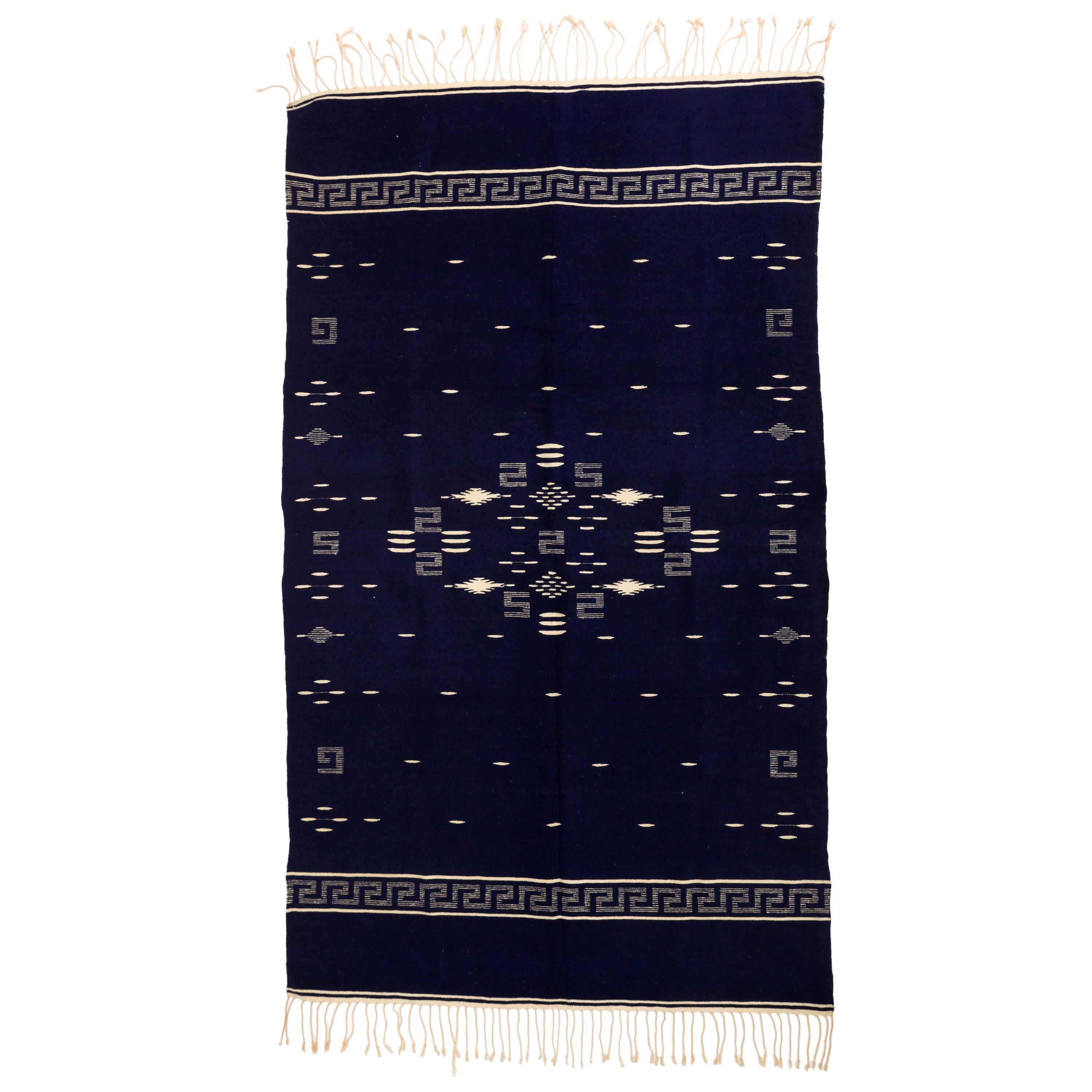 Indigo Texcoco Mexican Wool Serape Blanket