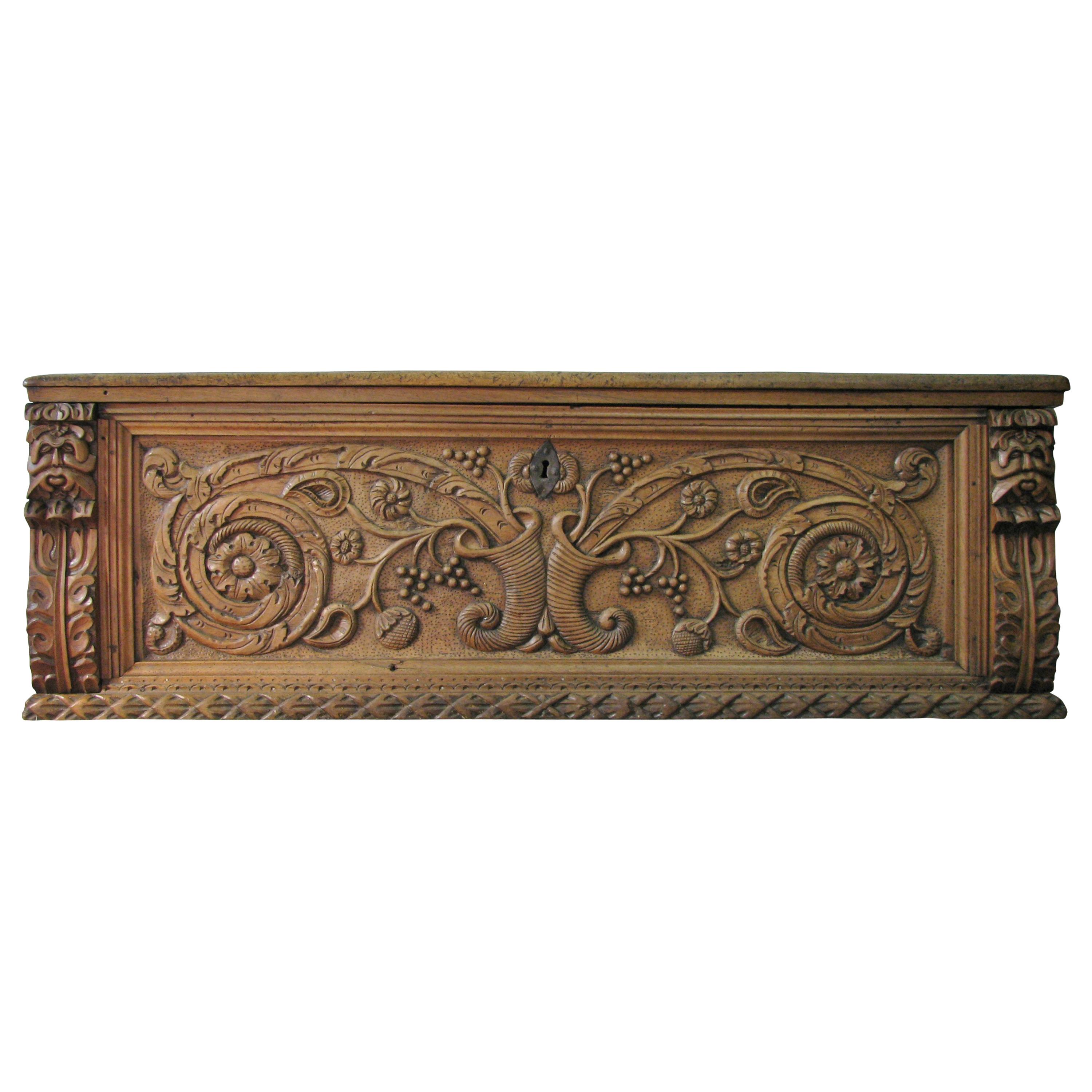 Elaborately Carved 17th Century Italian Trunk or Cassone For Sale