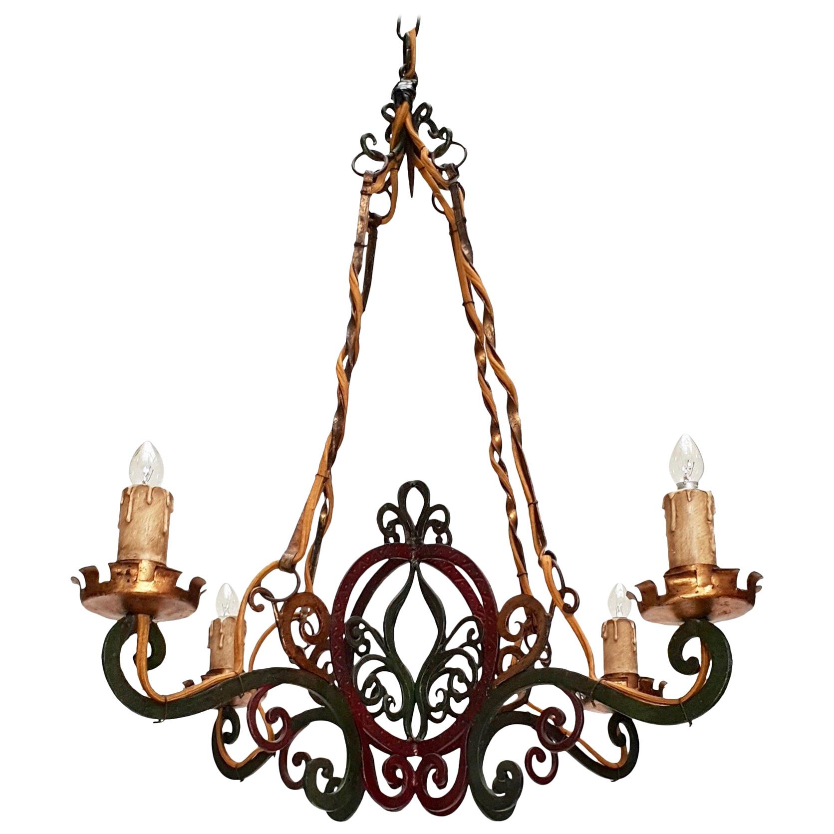 Italian Painted Wrought Iron Four Lights Chandelier