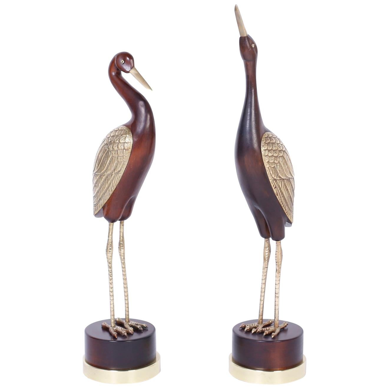 Pair of Midcentury Wood and Brass Birds or Storks