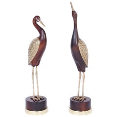 Pair of Midcentury Wood and Brass Birds or Storks