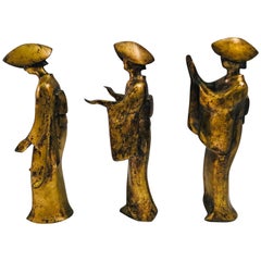 Vintage Mid-Century Modern Bronze Figurines Trio of Japanese Women Awa Odori Dancers