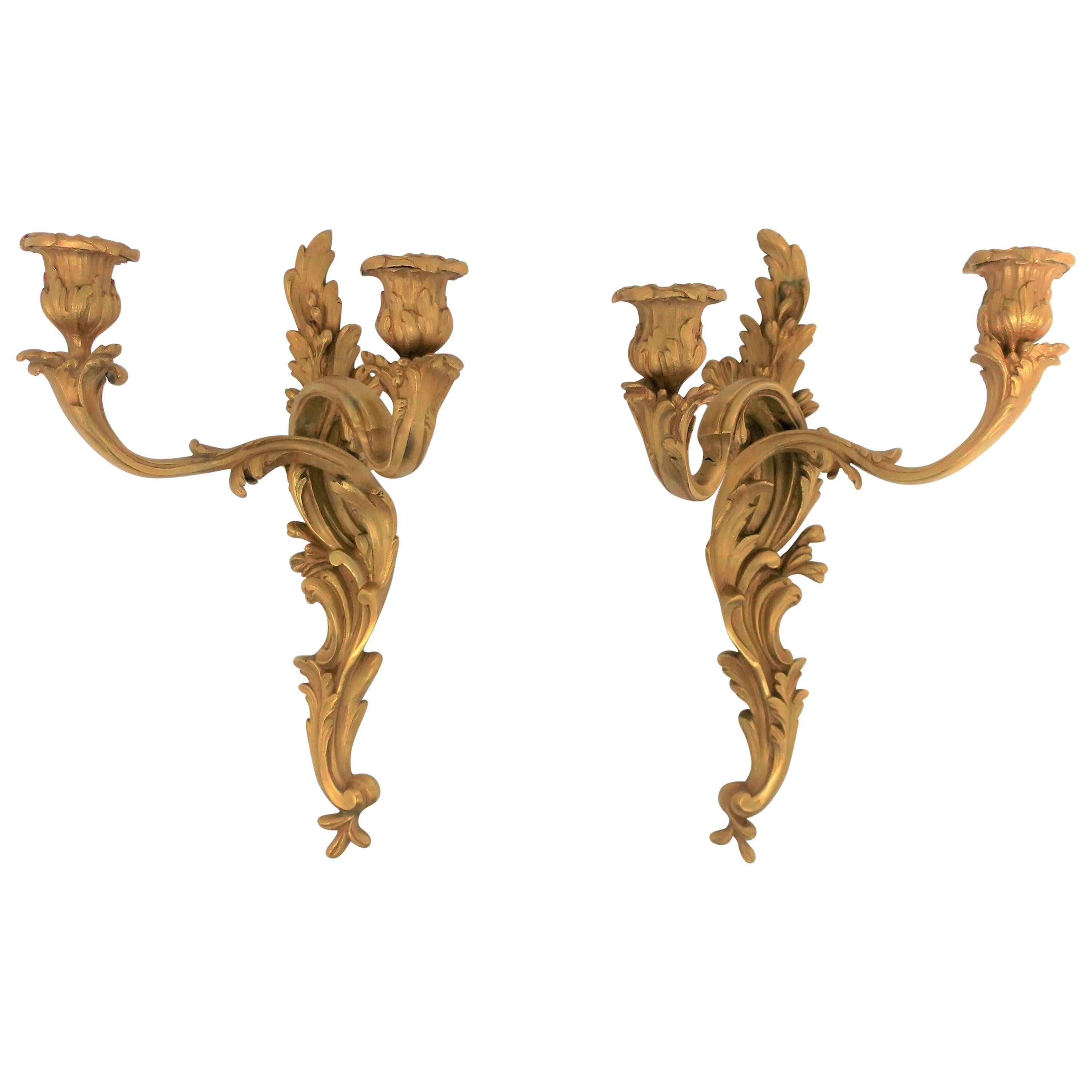 Pair of Dore Gold Gilt Bronze Rococo Candlestick Wall Sconces