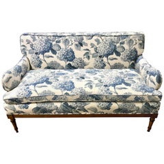 Antique Blue and White Upholstered Loveseat Settee Sofa