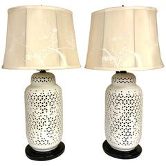 Pair of White Blanc de Chine Reticulated Porcelain Lamps