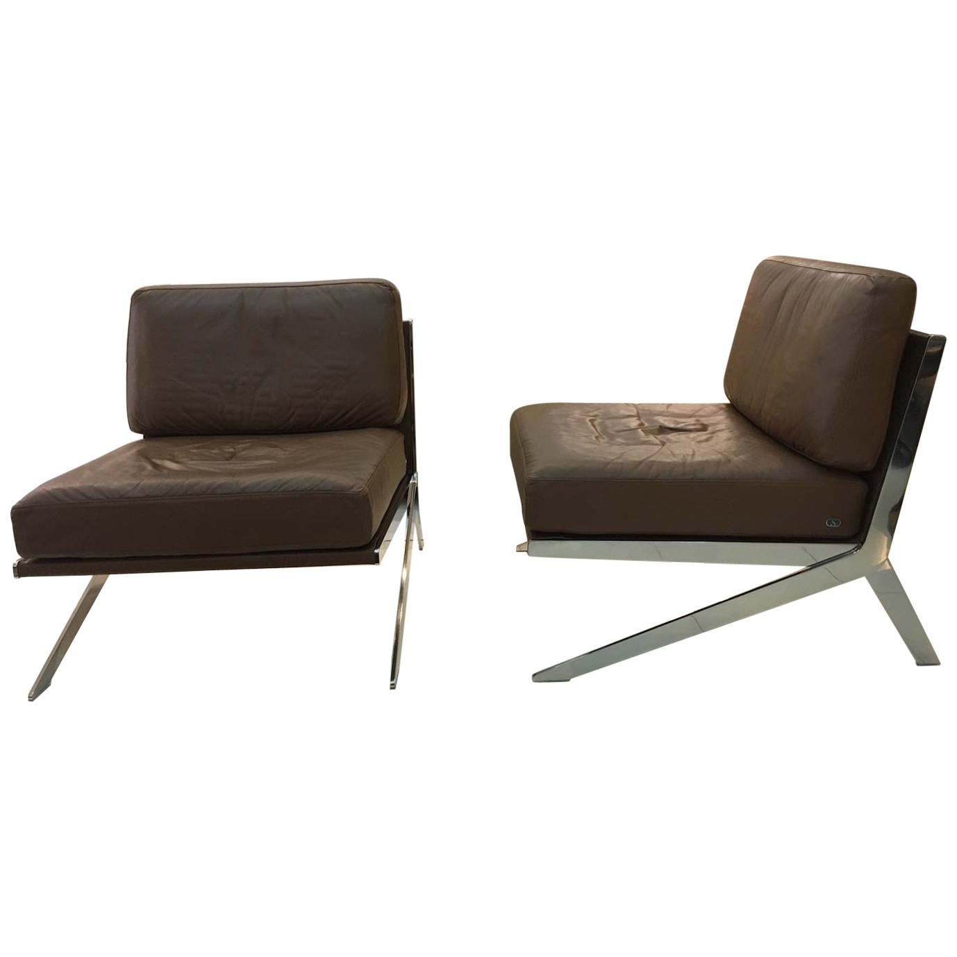 Pair of De Sede DS-60 Armless Chairs Brown Leather and Polished Stainless Steel