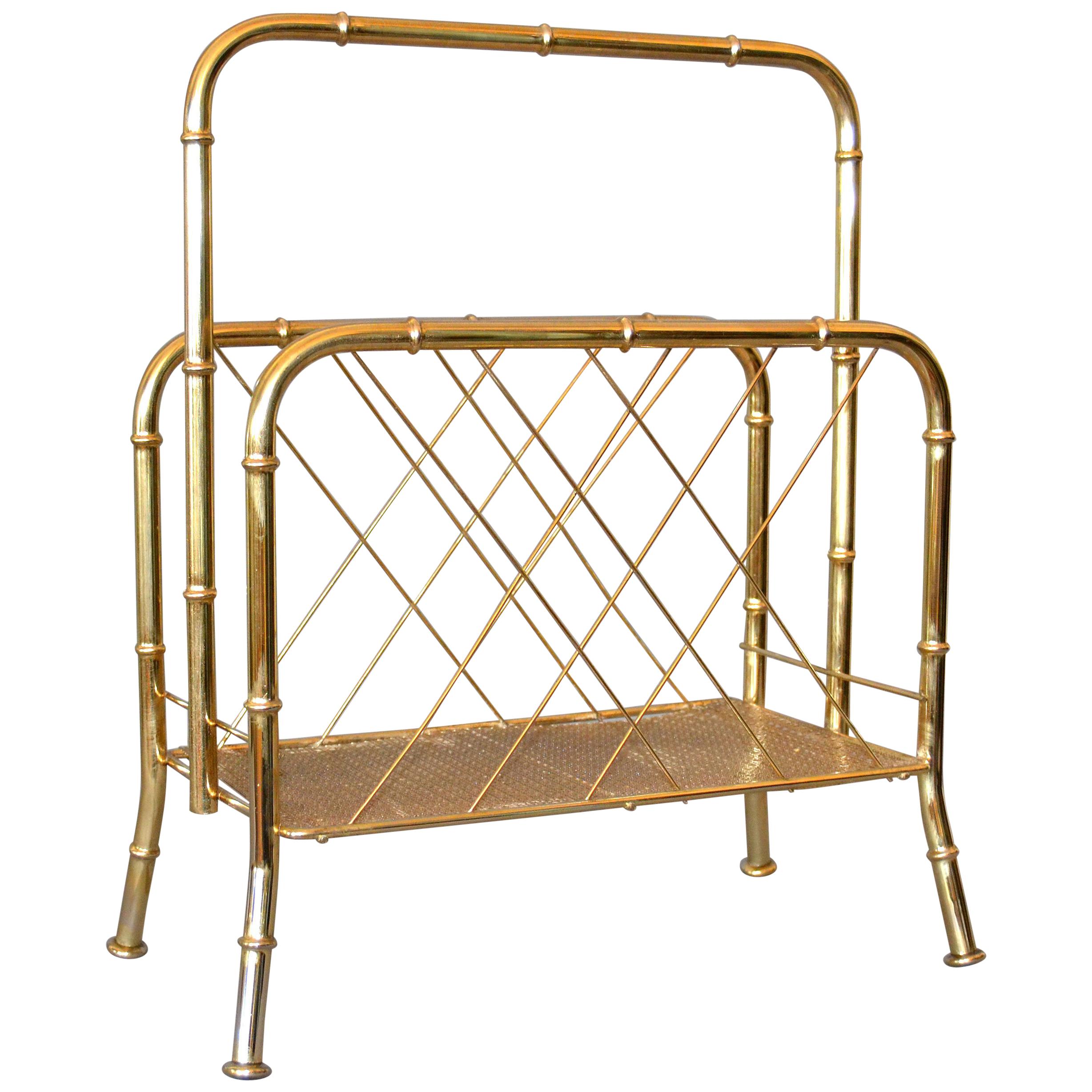 Hollywood Regency Faux Brass Bamboo and Cane Magazine Rack