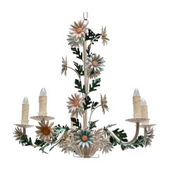 Retro Mid-20th Century Italian Painted Iron and Tole Chandelier with Flowers