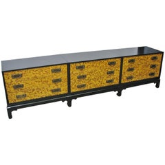 1960s Mid-Century 3-Part Credenza on Base; Painted Faux Tortoiseshell Fronts