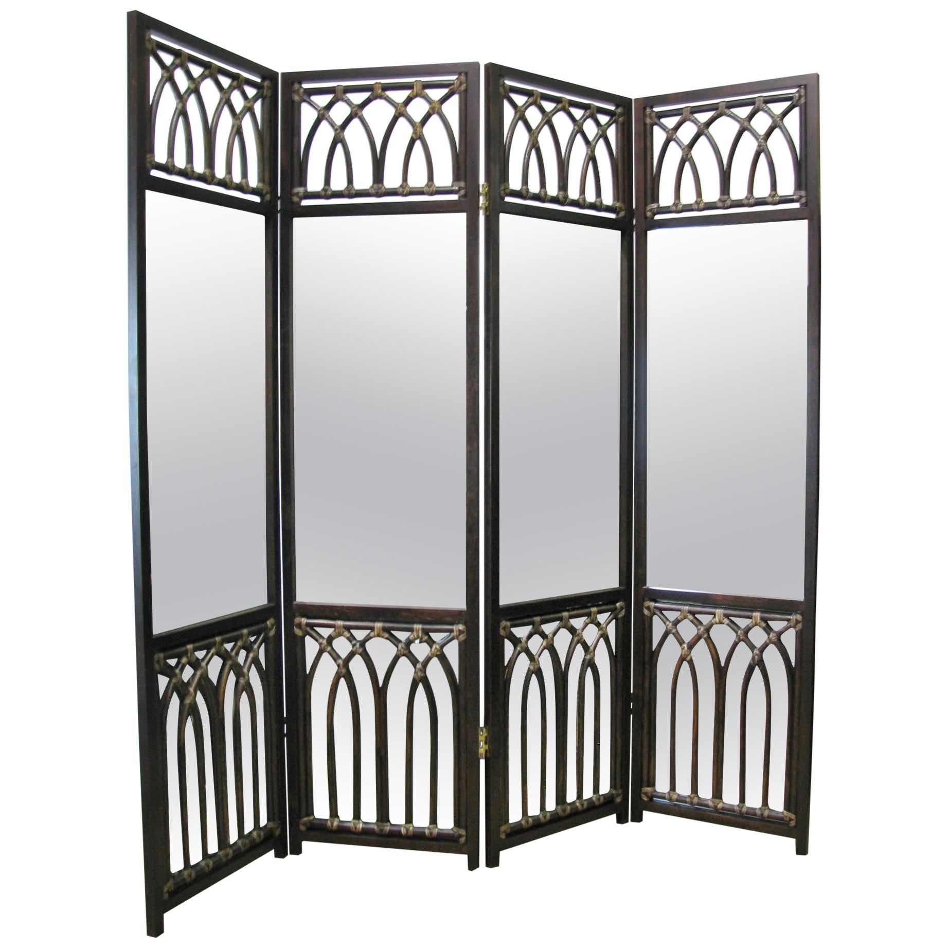 McGuire Furniture Four Panel Bamboo Screen with Mirror For Sale