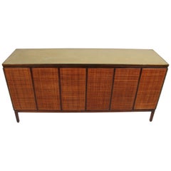 Paul McCobb for Calvin Leather Top and Caned Front Dresser or Sideboard
