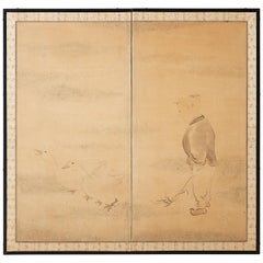 Japanese Two Panel Screen of Child with Geese